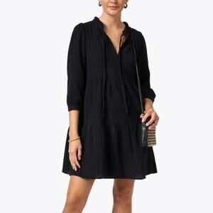 Honorine Giselle Cotton Gauze 3/4 Sleeve Tiered Mini Dress Black Women's Size XS